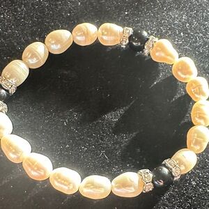 Freshwater Pearl Stretch Bracelet – Black Onyx Beads & Crystal Spacers, 8"